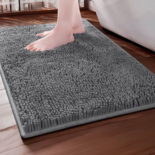 Chenille Bathroom Rug 26"X17" - Non-Slip Machine Washable Bath Mat, Plush Shaggy Bath Rugs for Bathroom Floor, Absorbent Toilet Rug, Soft Grey Bathroom Decor (Grey)