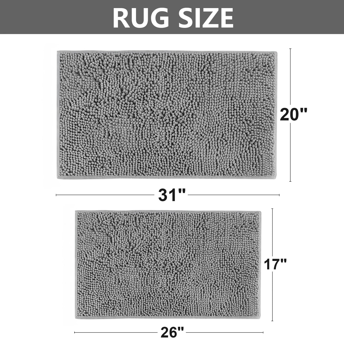 Chenille Bathroom Rug 26"X17" - Non-Slip Machine Washable Bath Mat, Plush Shaggy Bath Rugs for Bathroom Floor, Absorbent Toilet Rug, Soft Grey Bathroom Decor (Grey)