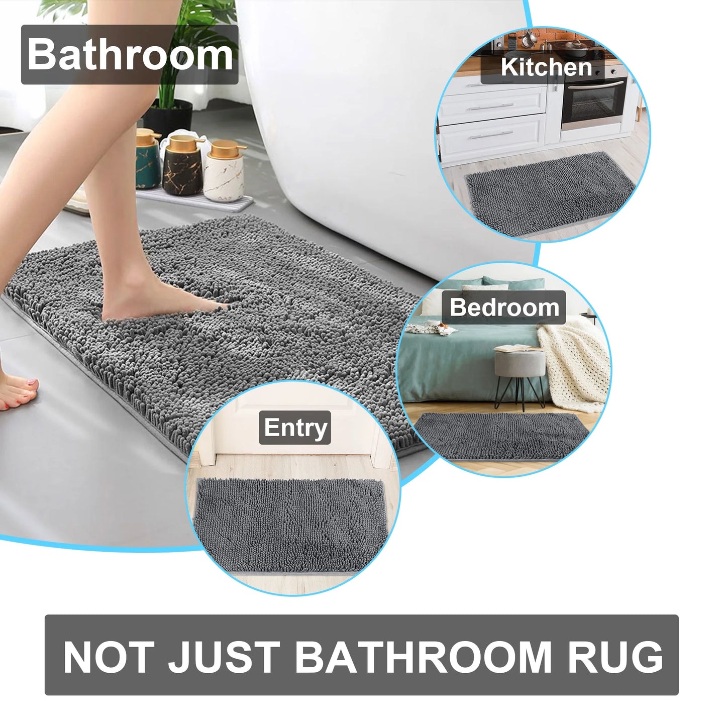 Chenille Bathroom Rug 26"X17" - Non-Slip Machine Washable Bath Mat, Plush Shaggy Bath Rugs for Bathroom Floor, Absorbent Toilet Rug, Soft Grey Bathroom Decor (Grey)