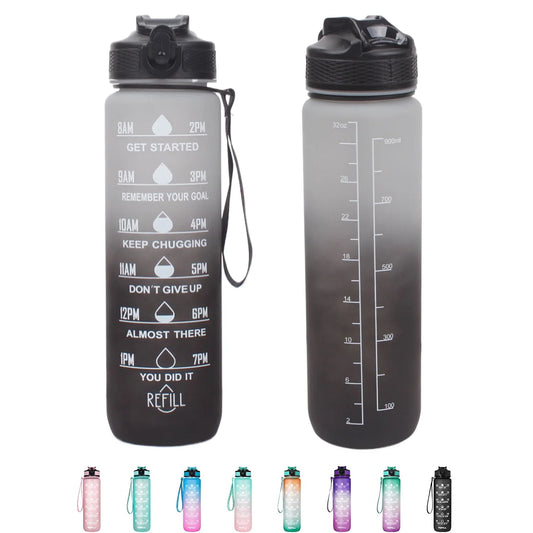Motivational Water Bottle 32 Oz with Straw & Time Marker, BPA Free & Leakproof Tritan Portable Reusable Fitness Sports Water Jug for Men Women & Kids, BLACK+WHITE